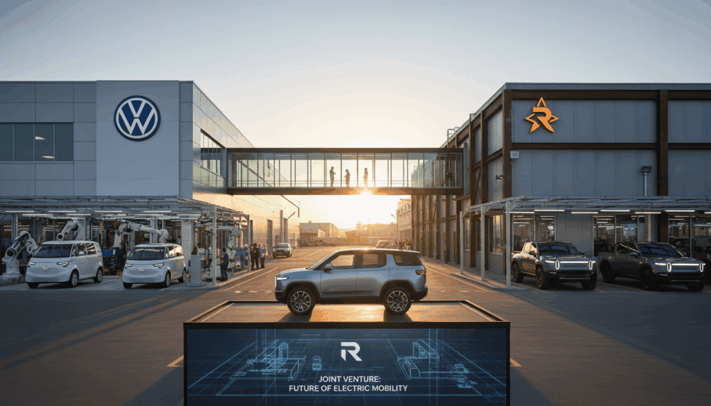 الصفحة الرئيسية joint vision between volkswagen and rivian in electric vehicle manufacturing